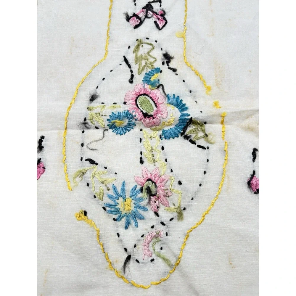 Vintage Hand Embroidered Table‎ Runner Crochet Lace Trim Floral 34x13 Read##